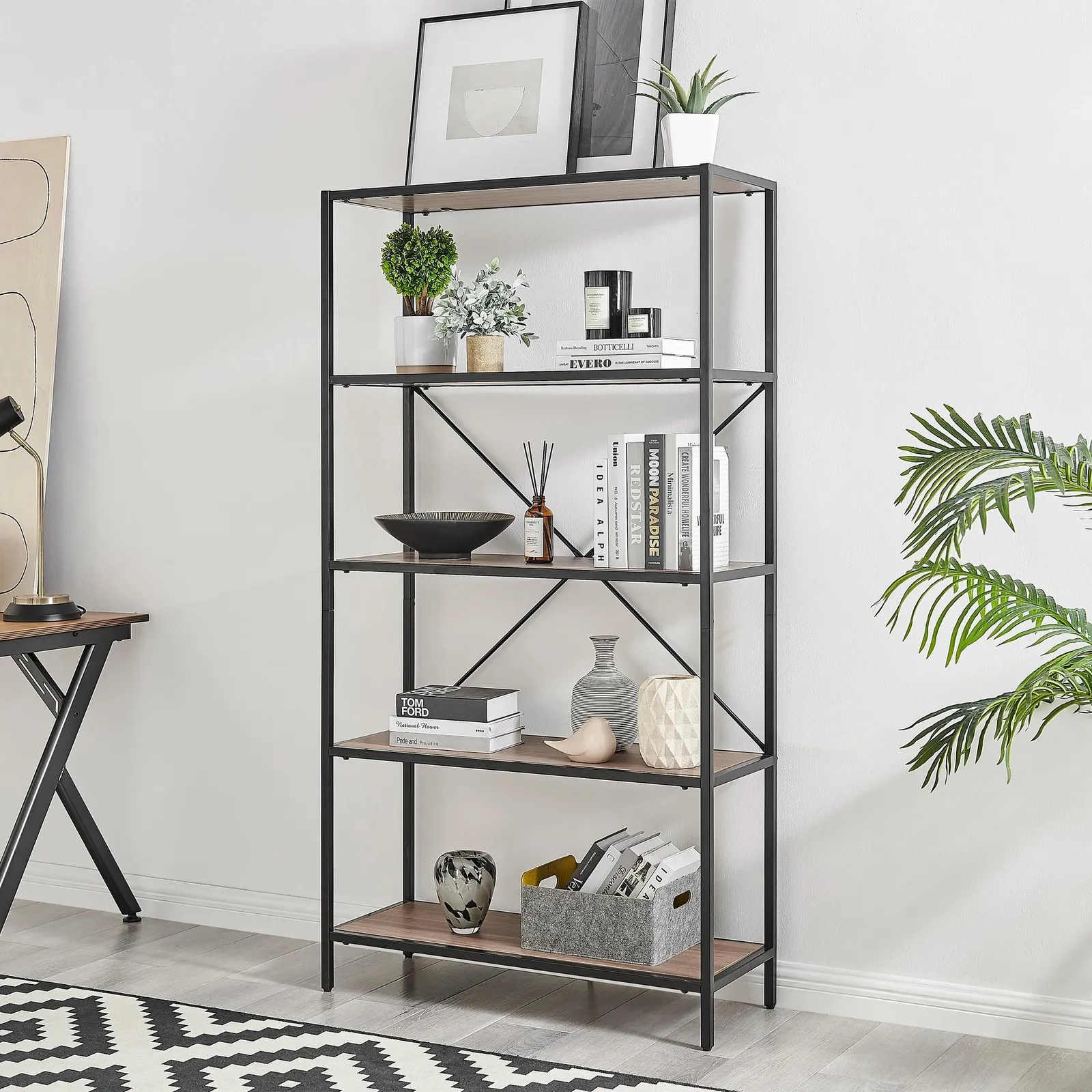 FurnitureboxUK Ashton Industrial Black Metal Box Shelf Unit With 5 Scratch Resistant Melamine Coated Shelves Supporting 10KG Each in Brown