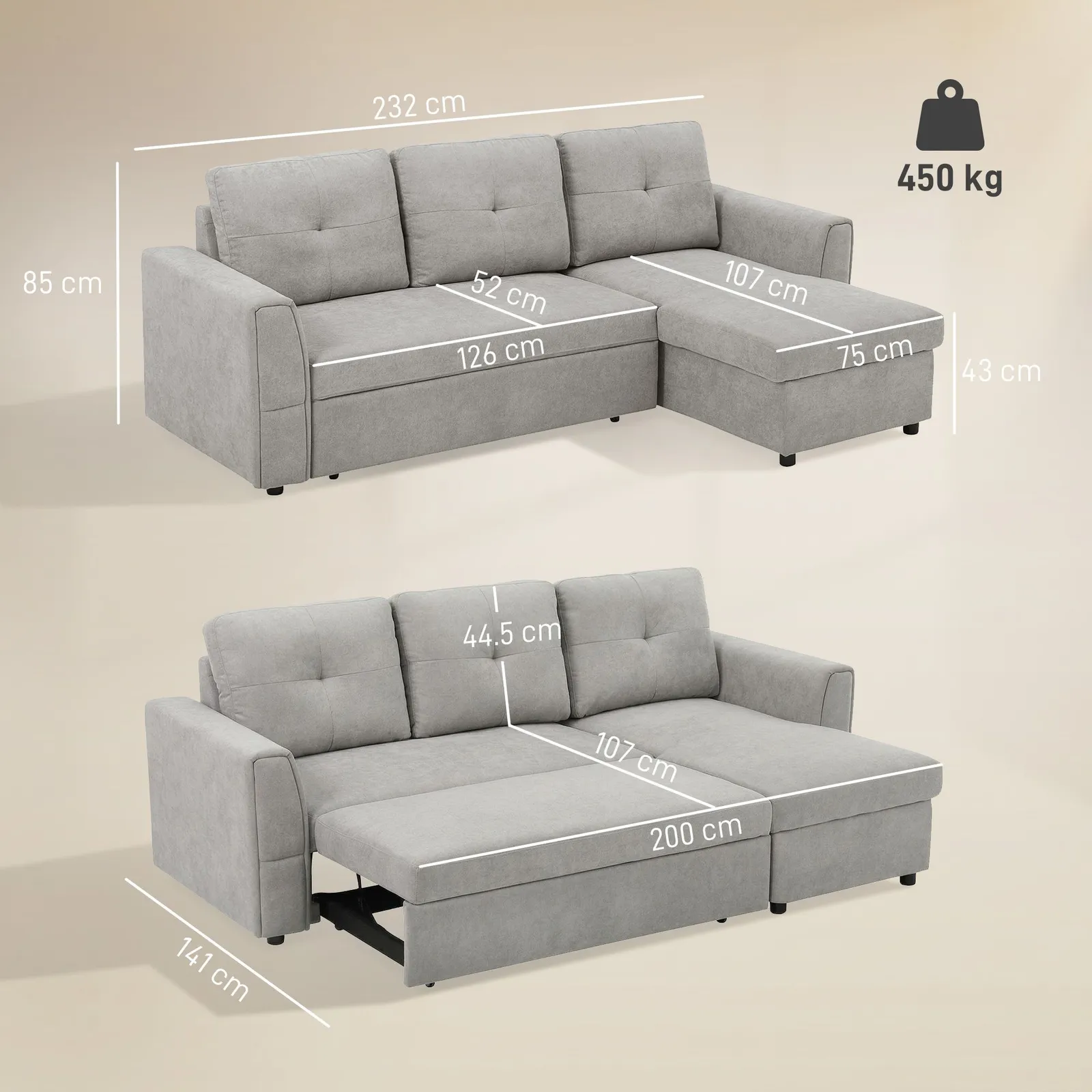 HOMCOM Linen-Look L-Shaped Sofa Bed with Storage Bed Sleeper Flat Studio in Grey 3