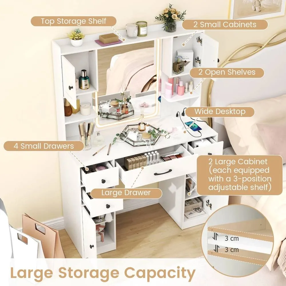 Costway Makeup Vanity Desk Dressing Table w/Charging Station& Mirror in White 5