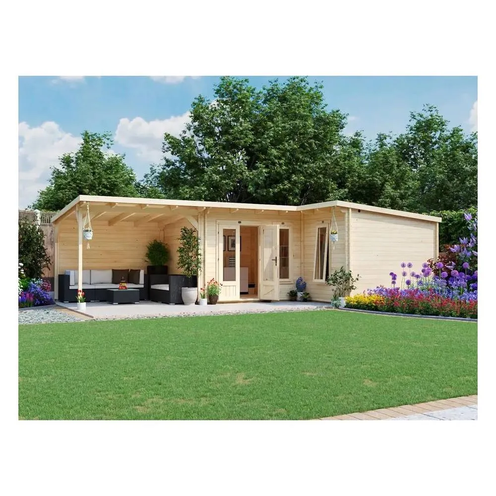 Dunster House L-Shaped Log Cabin W9m x D5m / 29' x 16'6" Pent, 24mm, DG - HellWolf in Brown 2