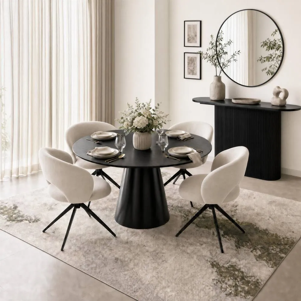 FurnitureboxUK Palma Round Black Semi Gloss Dining Table 4 Anika Swivel Chairs in Cream 1