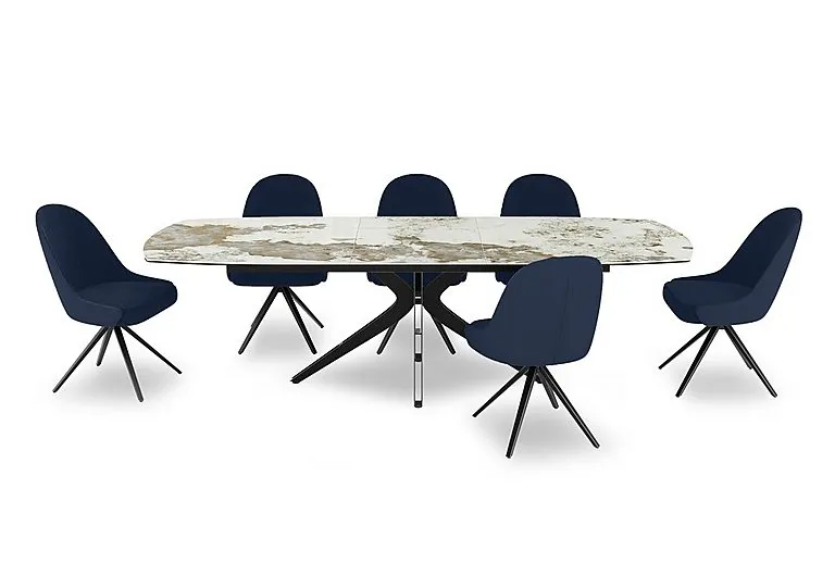 Jose Large Calcatta Marble Pop-up Extending Dining Table with 6 Swivel Chairs - Navy