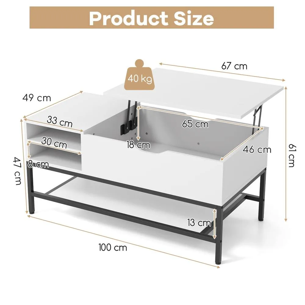 Costway Modern Lift Top Coffee Table Side Table Snack Table w/ Storage Shelf in White 2