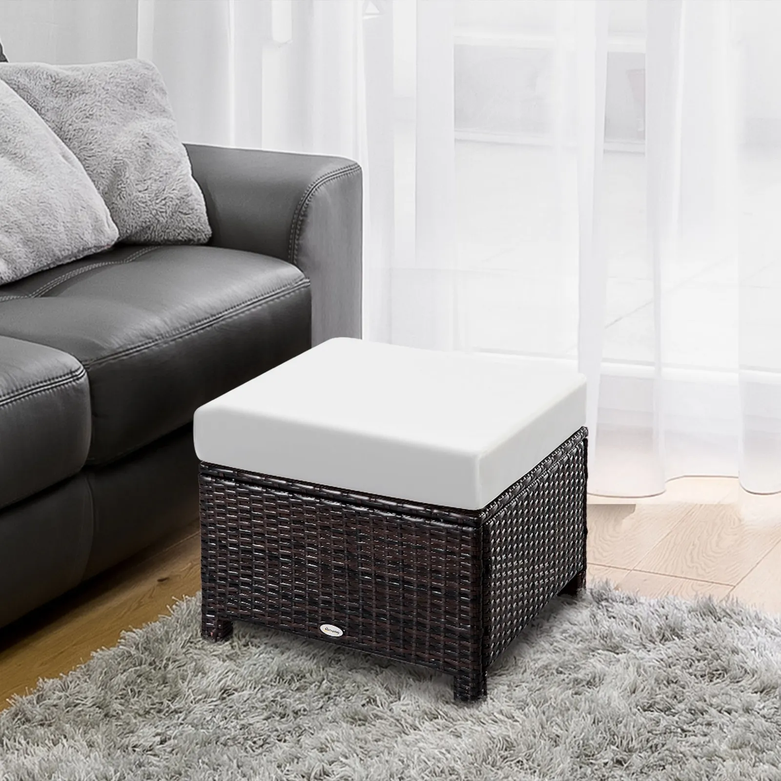 OUTSUNNY Rattan Footstool Wicker Ottoman w/ Padded Seat for Backyard Garden in Brown 1