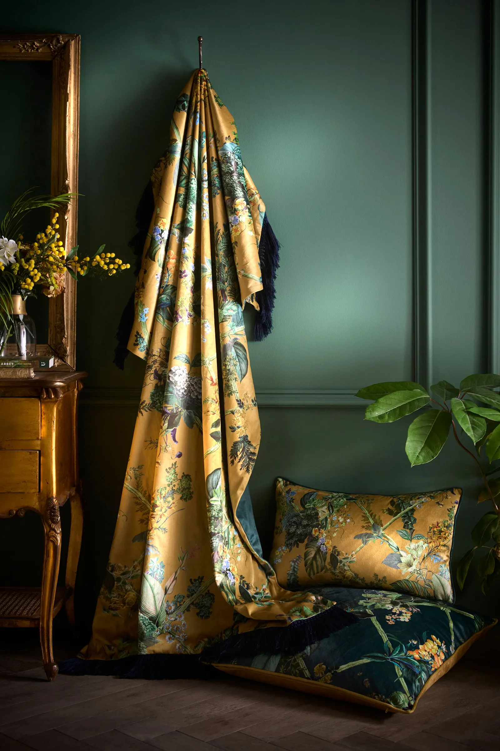 Laurence Llewelyn-Bowen 'Cotswold Fantasia Dawn' Floral Print Velvet Large Filled Cushion in Green 4