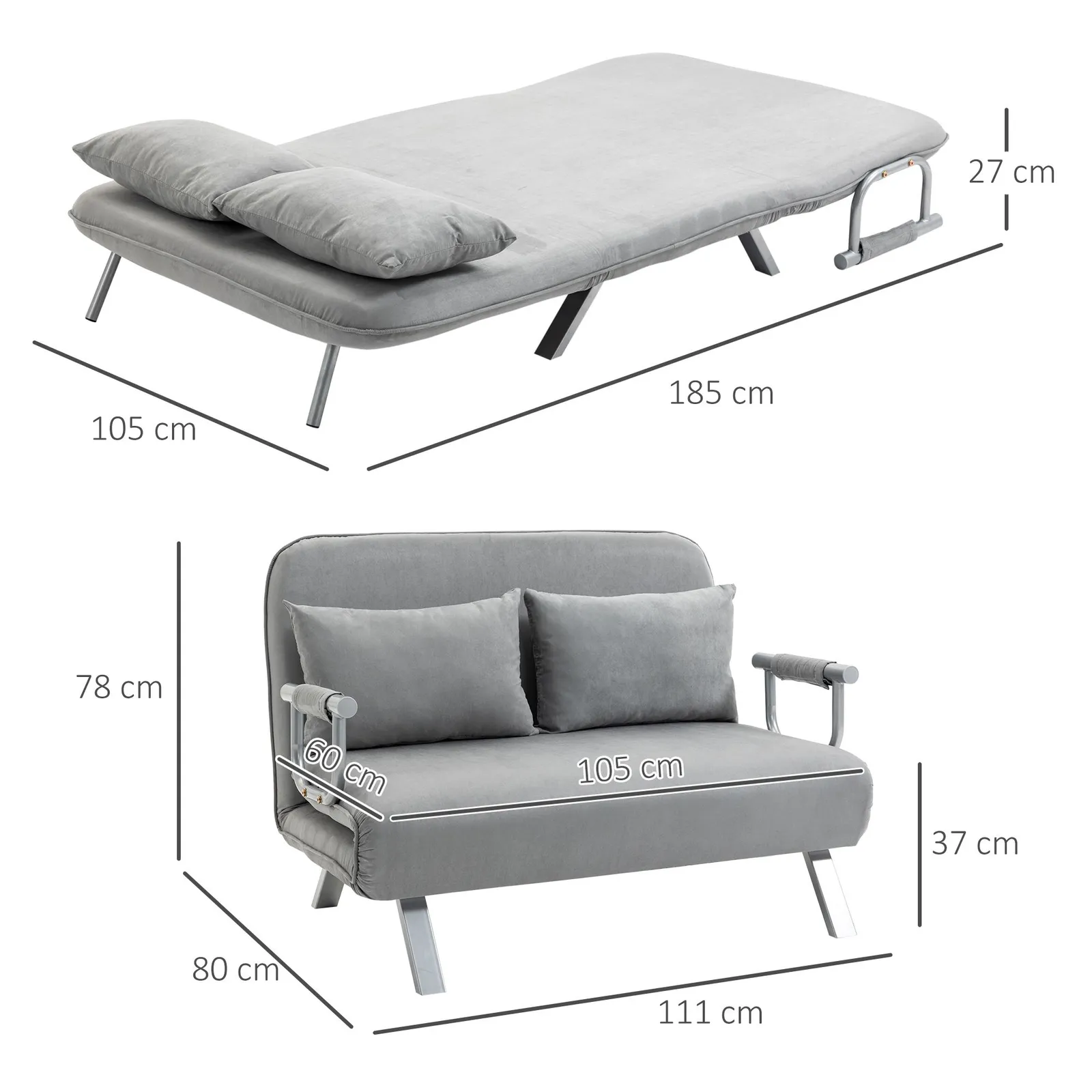 HOMCOM Fabric Sofa, Convertible 2 Seater Sofa Bed w/ Pillows, Light Grey 3