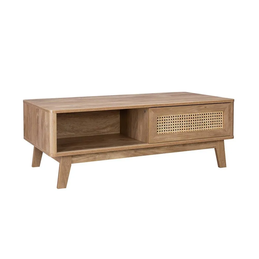 sweeek Coffee table with sliding door wood & cane effect in Beige 2