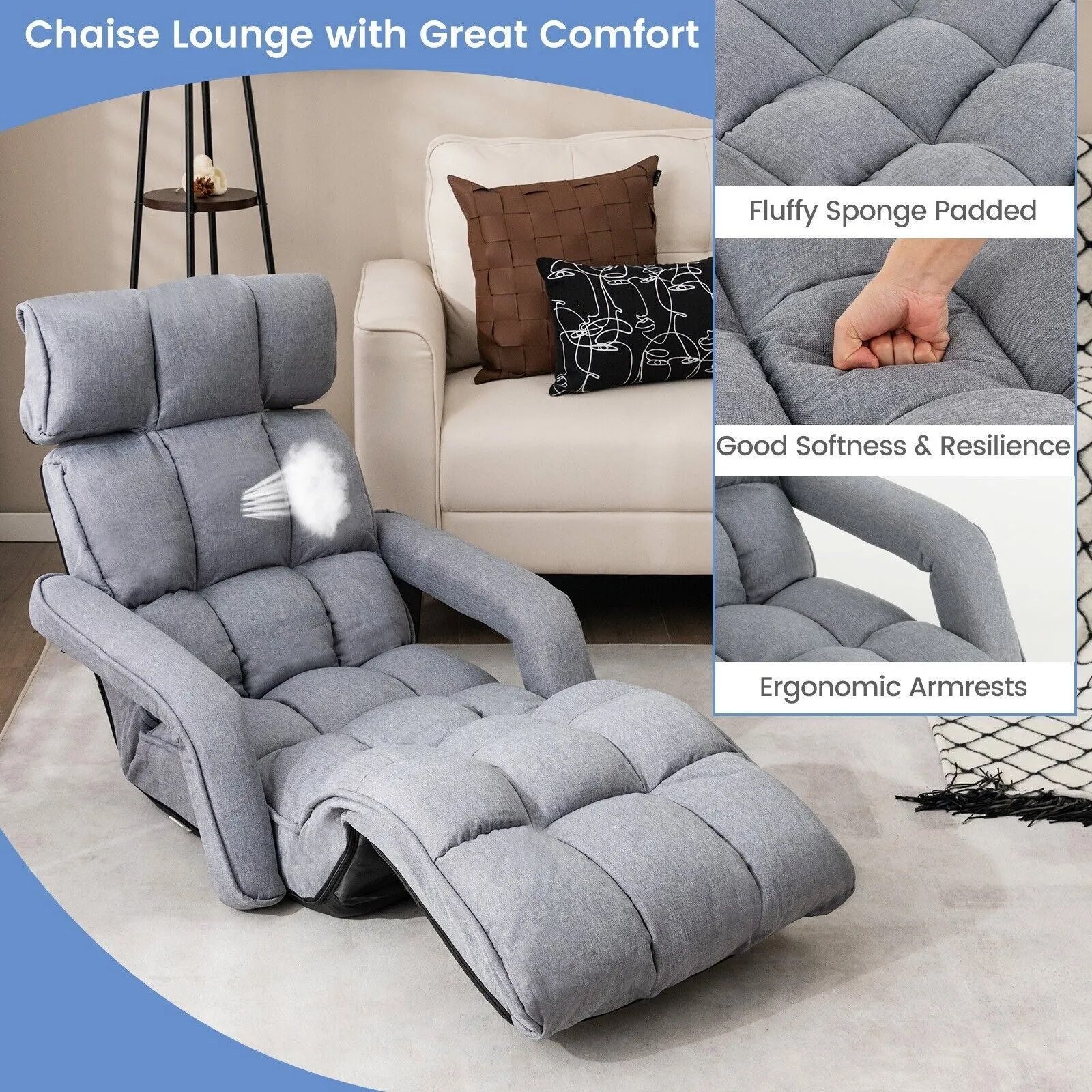 Costway Folding Sofa Chair 6 Positions Adjustable Floor Lazy Chair with Armrest Single Sofa in Grey 4