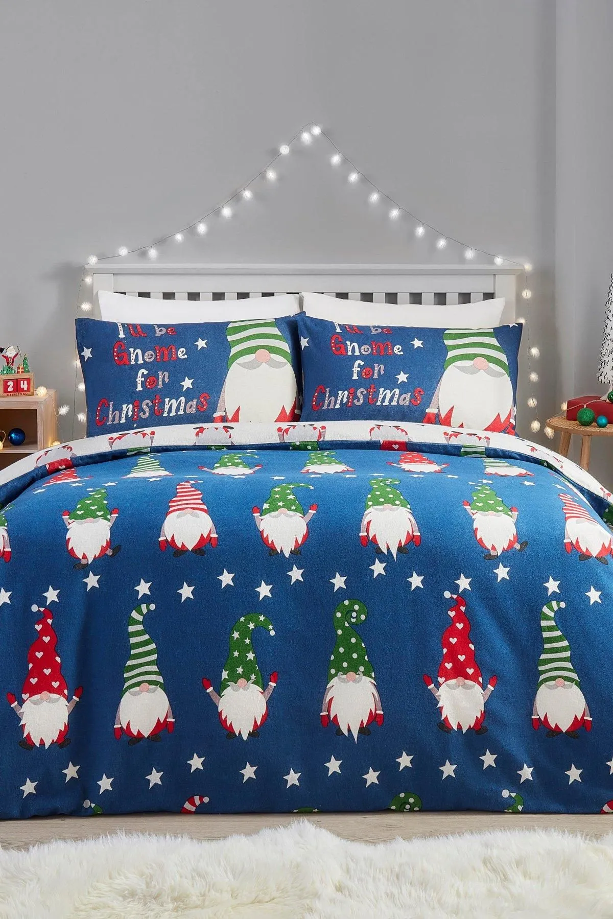 Fusion 'Gnome For Christmas' 100% Brushed Cotton Duvet Cover Set in Navy 2