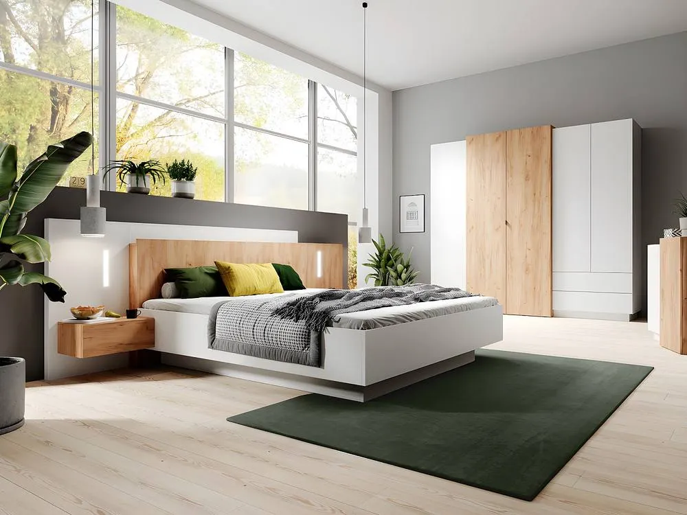 Vente-unique Bed With Bedside Tables 160 X 200 Cm - 2 Drawers - With Leds in Light Oak