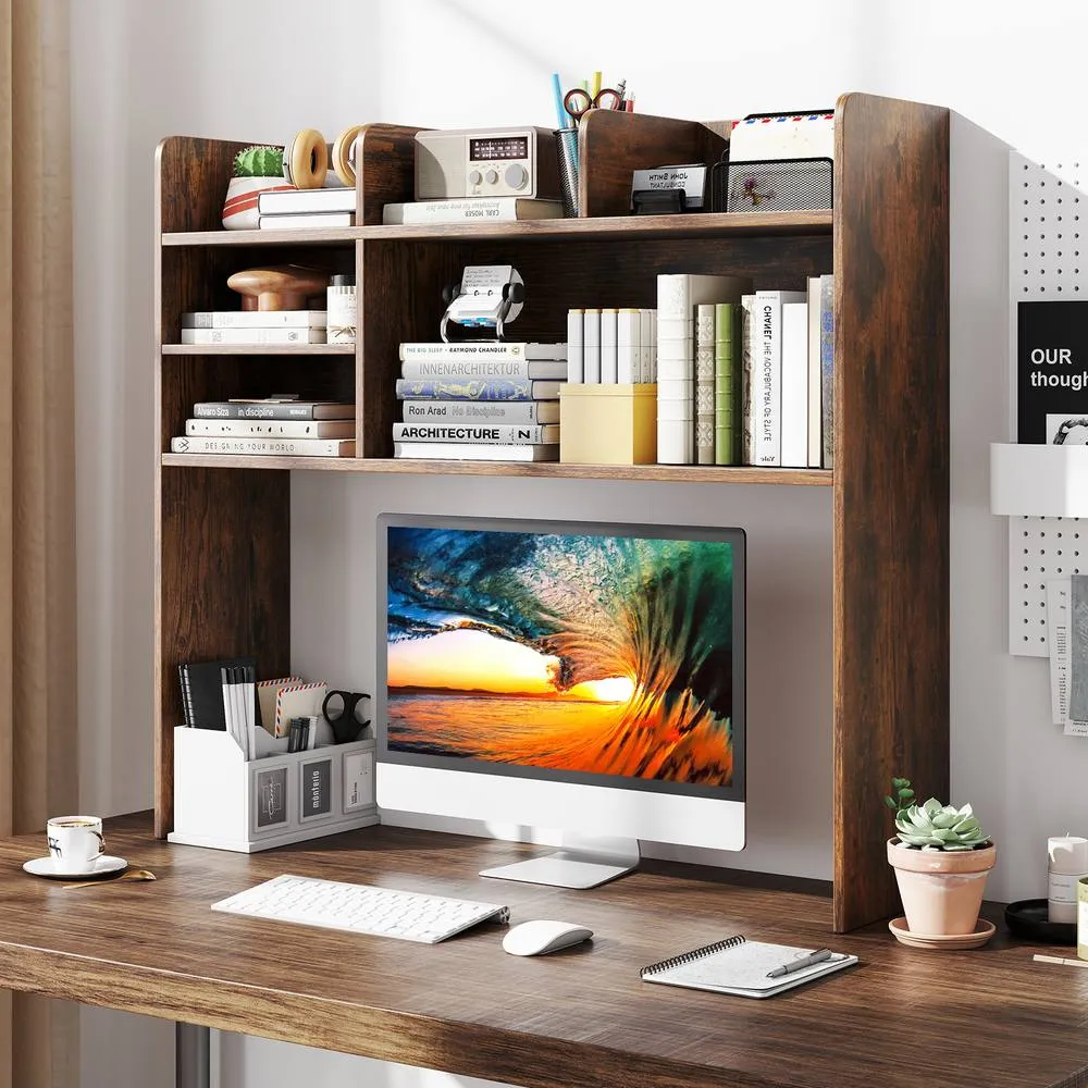 Costway Desktop Bookshelf Desk Hutch Shelf for Computer Monitor in Brown 3
