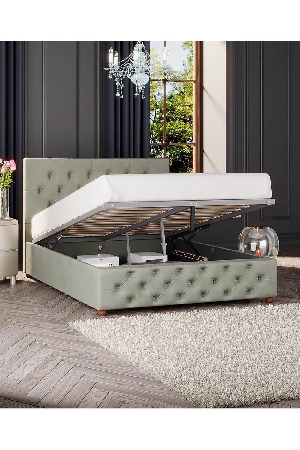 Laurence Llewelyn-Bowen Luna Ottoman Storage Bed in Plush Velvet Fabric, Custom Made in Duck Egg Blue 2