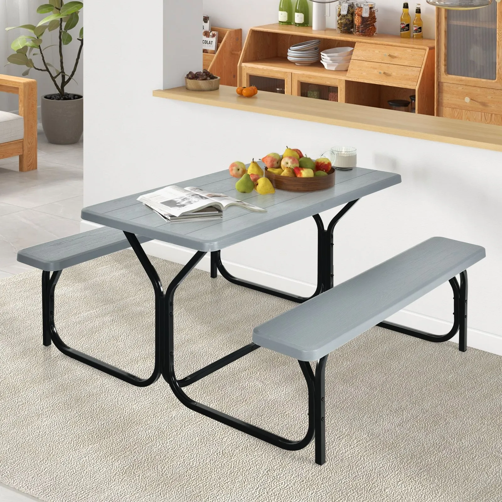 Costway Outdoor Picnic Table Bench Set Garden Dining Table & Bench Sets in Grey 3