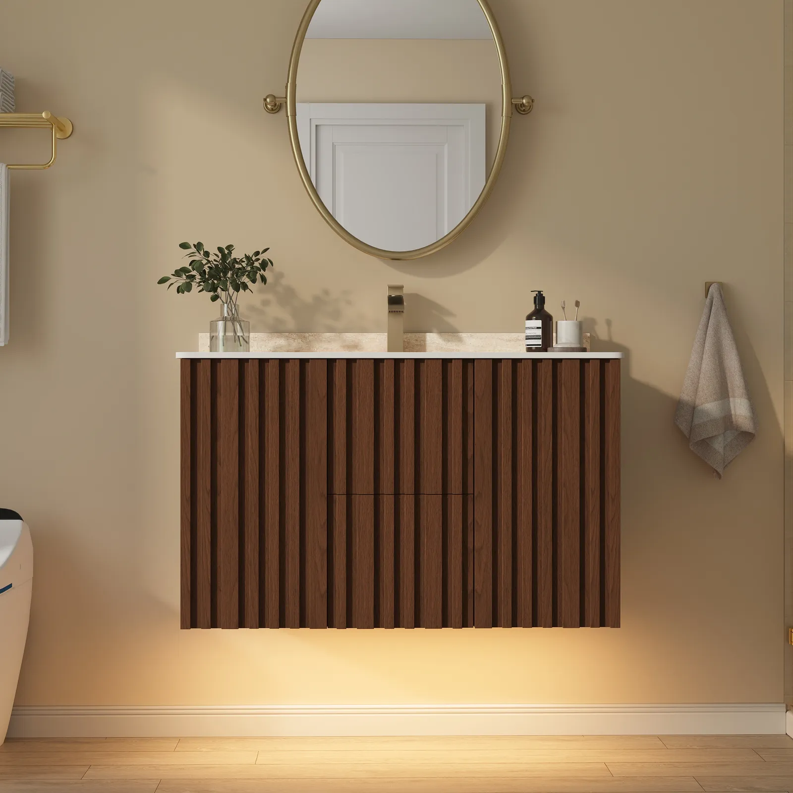 Aura 90 cm Bathroom Vanity with Light Ash Wood Slatted Panels Faux Travertine Top