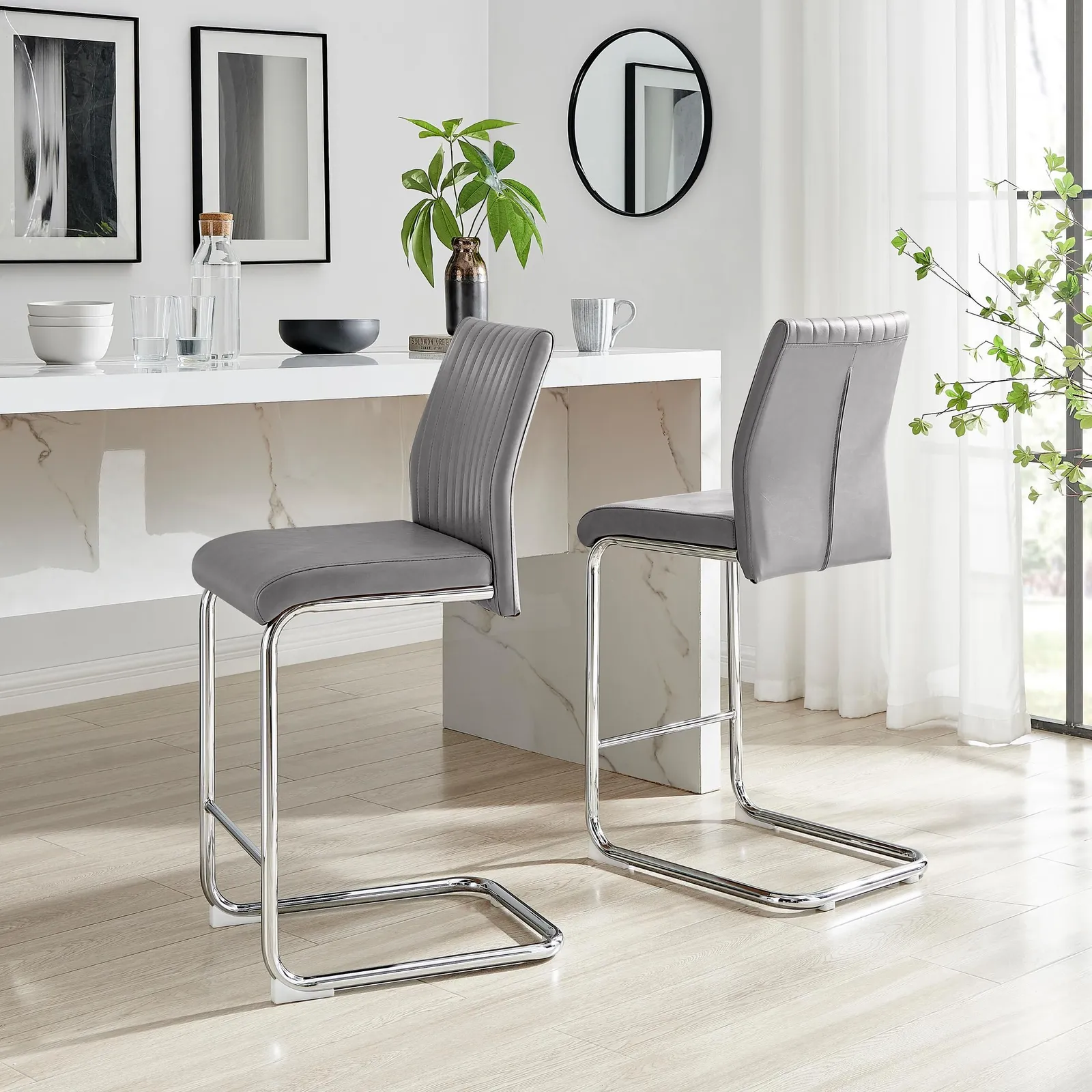 FurnitureboxUK Lorenzo 2x Faux Leather & Silver Counter Stools in Grey 1
