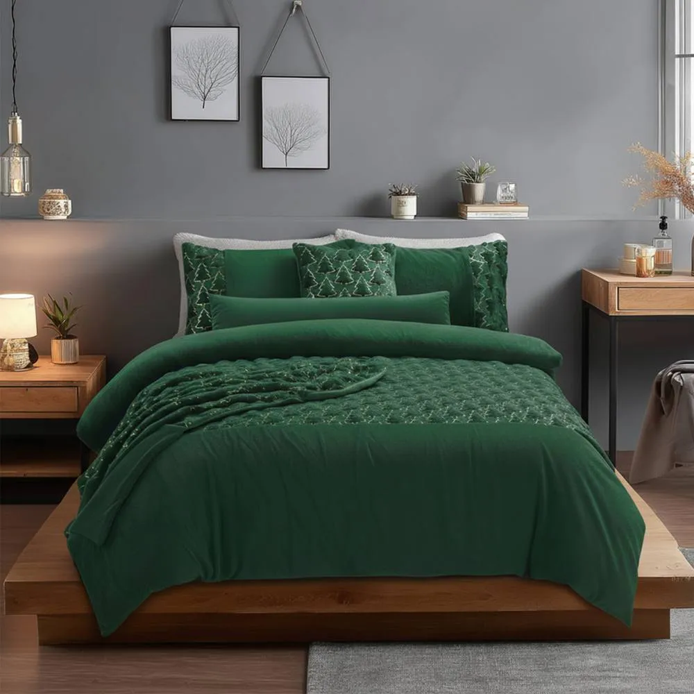 Snug City Ultra Soft Teddy Duvet Cover Set Christmas Tree Cozy Fleece Bedding in Green