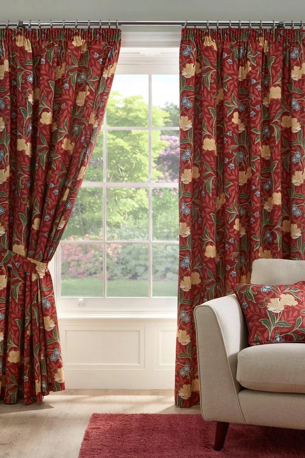 Dreams & Drapes 'Sandringham' 100% Cotton Pair of Pencil Pleat Curtains With Tie-Backs in Red