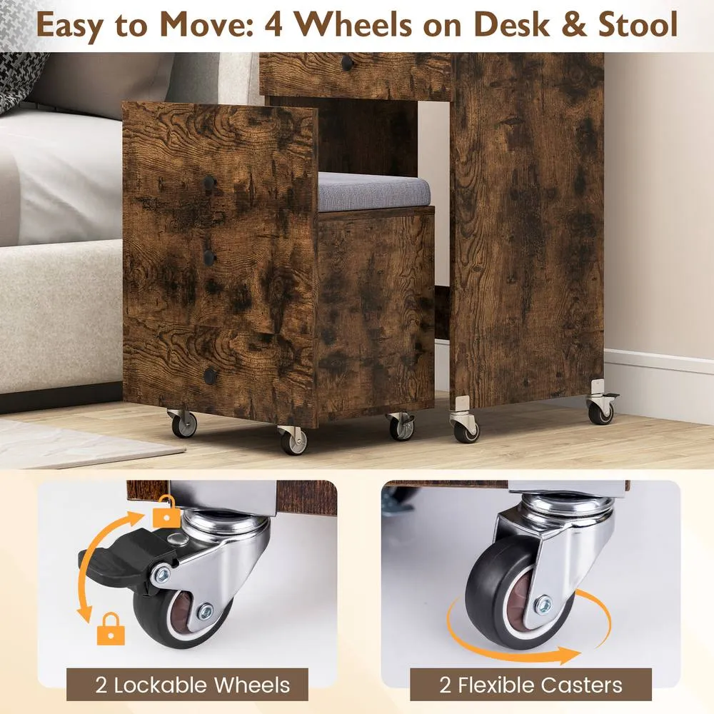 Costway 3-in-1 Vanity Desk Set w/Mirror & Lights Makeup Table w/Drawers &Stool in Brown 6