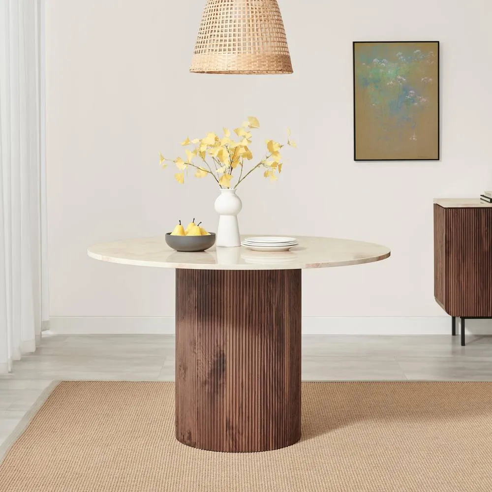 FurnitureboxUK Penrose Round Walnut & Marble Effect Slatted 4-6 Seater Dining Table 3