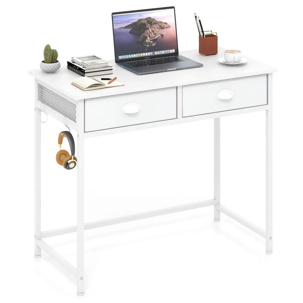 Costway Computer Desk Space Saving Home Office Desk w/2 Fabric Drawers-White in White