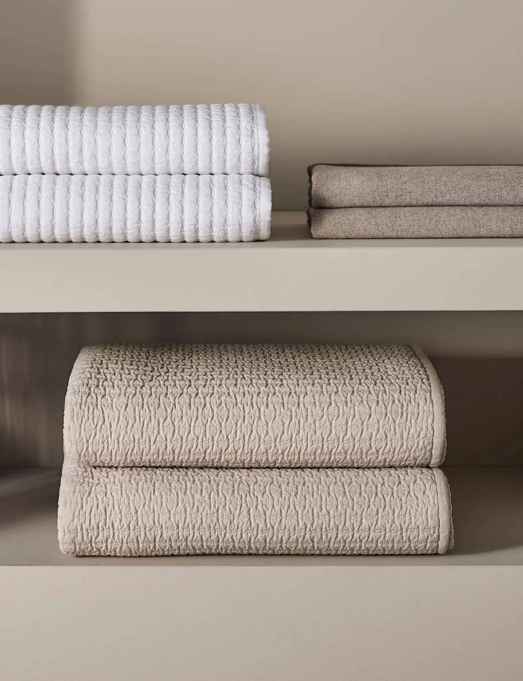 M&S X Kelly Hoppen Cotton with Linen Embroidered Bedspread Taupe