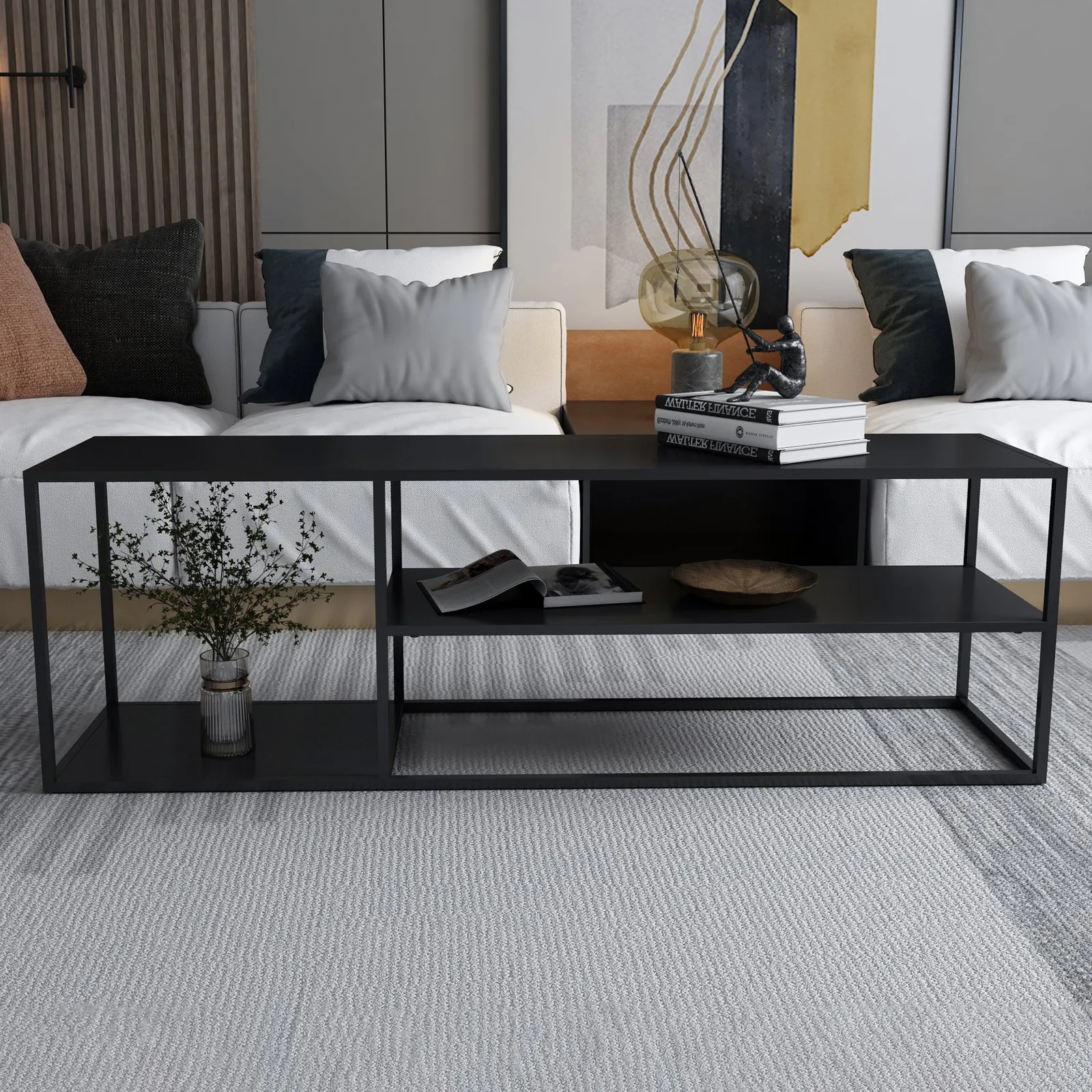 Long Black Coffee Table Shelving Unit Black