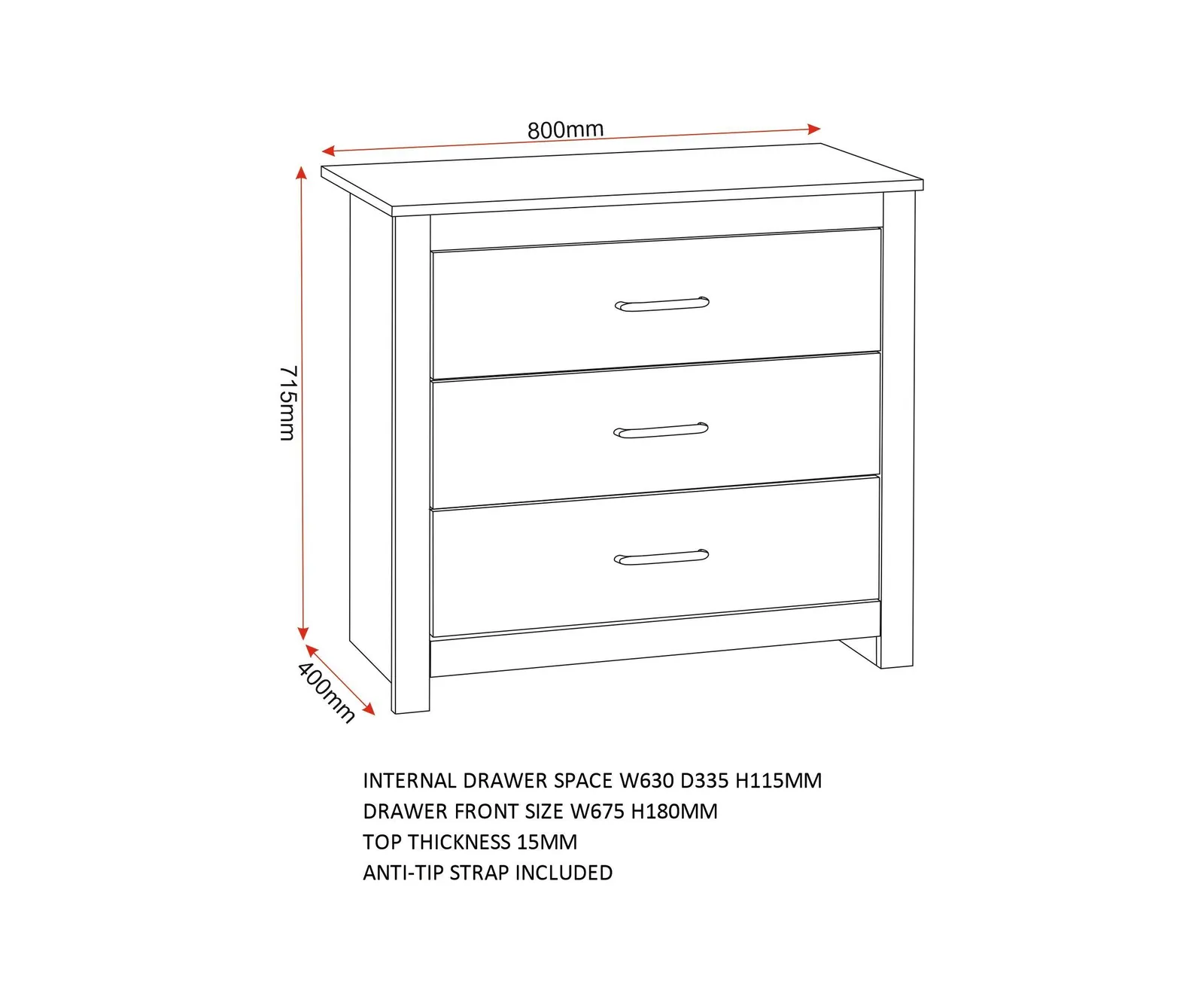 Seconique Portland 3 Drawer Chest in Grey 6