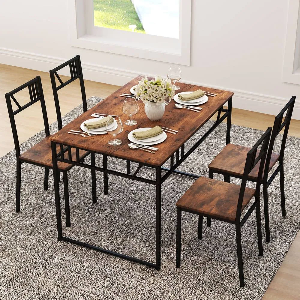 Costway 5 Pcs Dining Table Set Industrial-Style Kitchen Table & 4 Chairs in Brown 6