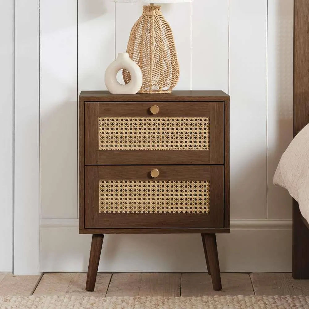 Birlea Pair of Bedside 2 Drawer Cabinet Rattan Croxley Side Table Walnut in Brown 4