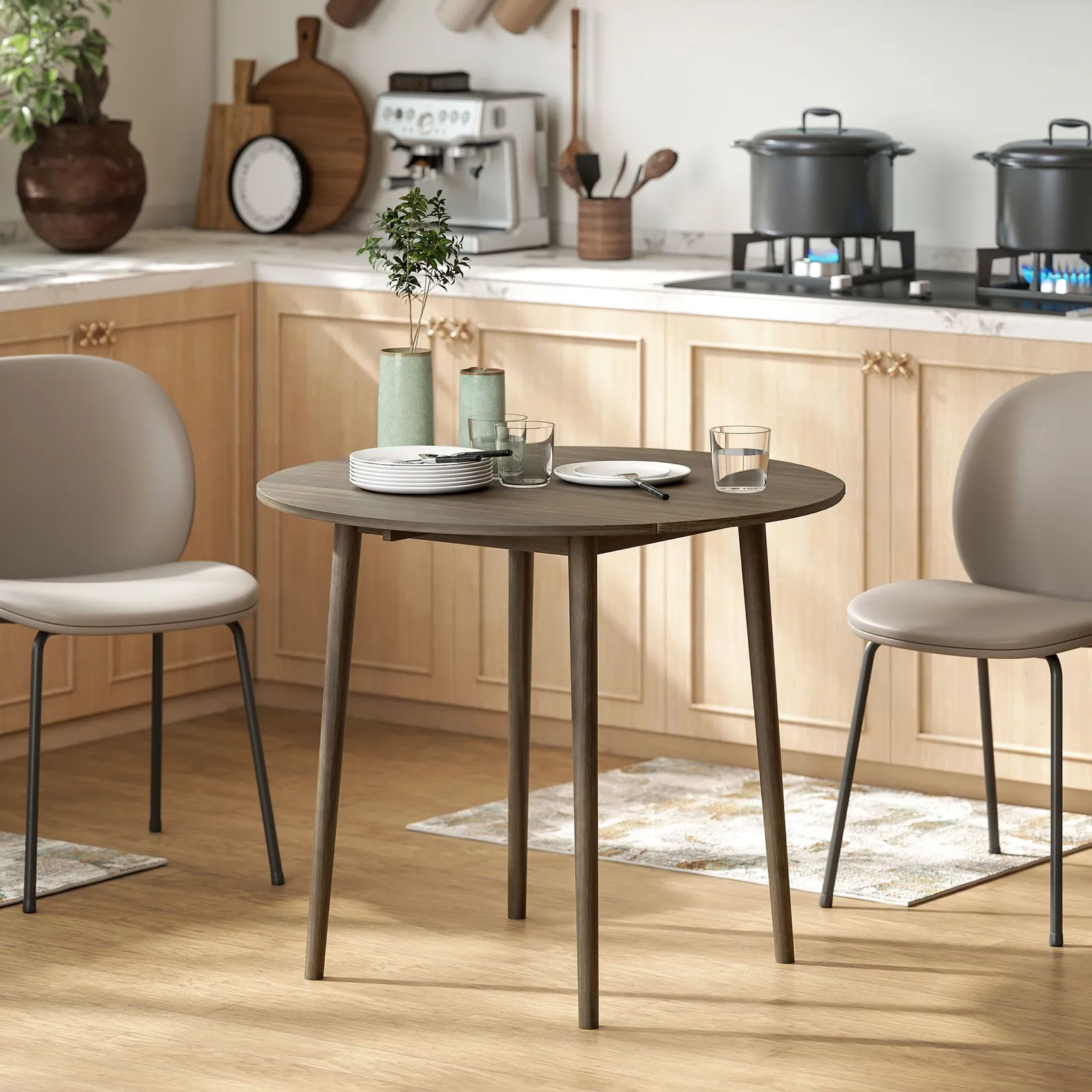 HOMCOM Folding Dining Table for 4, Round Drop Leaf Table, Modern Space Saving Small Kitchen Table with Wood Legs for Dining Room in Grey