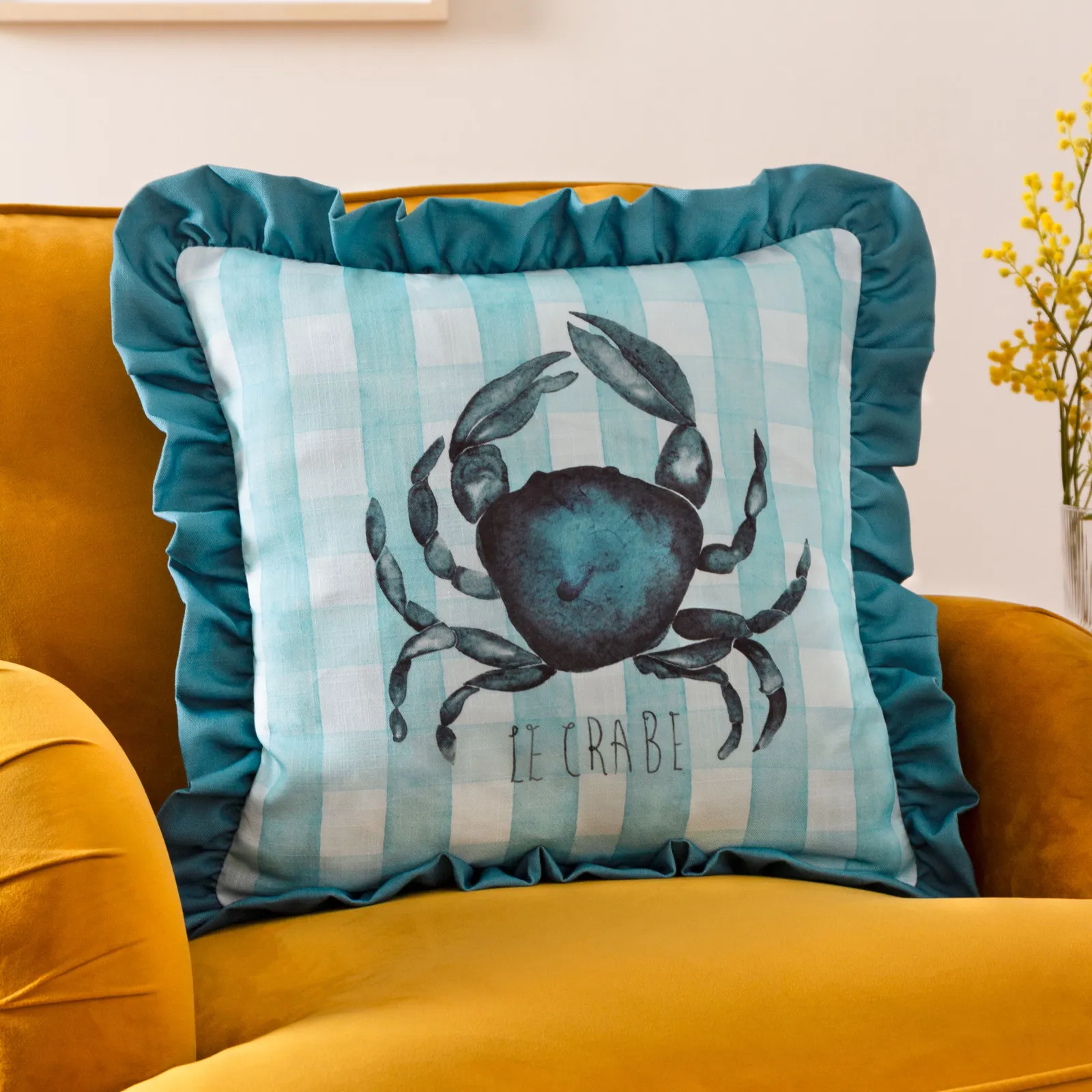 Furn Gingham Crab Printed Ruffle Cushion in Blue