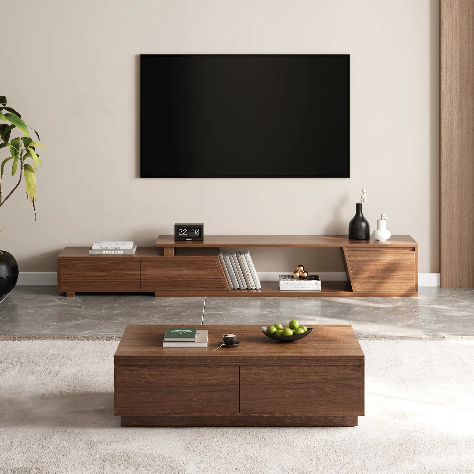 1194 mm Walnut Coffee Table Rectangular Block Living Room Table with Storage Walnut Rectangle Extendable TV Stand with 3 Drawers Up to 3048 mm