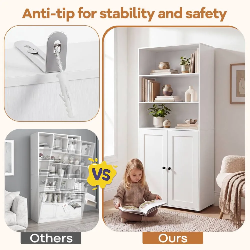 Costway 181 CM Tall Bookcase W 3 Open Shelves & Door Cabinet Floor Cabinet in White 6