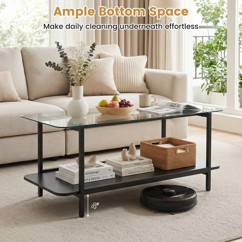 Costway 2-Tier Tempered Glass Coffee Table Modern Rectangular Center Table in Black 4