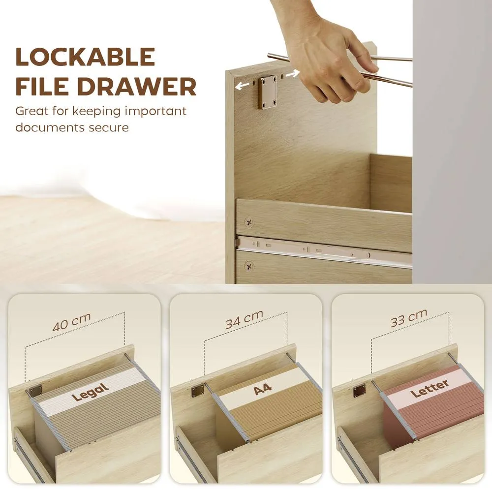 HOMCOM Computer Desk with Lockable File Drawers, Oak Wood Effect in Natural 5
