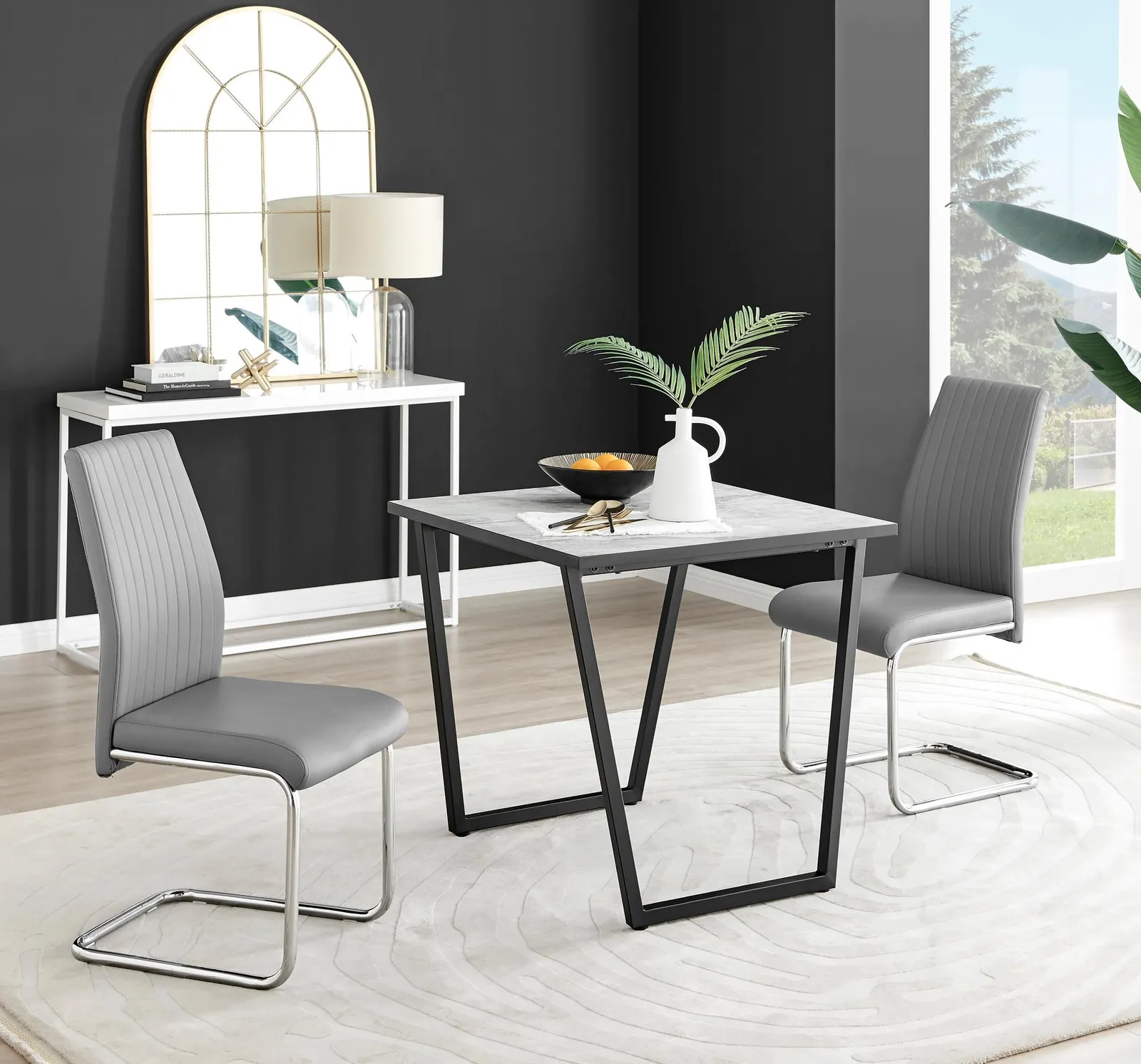 FurnitureboxUK Carson White Marble Effect Square Dining Table & 2 Faux Leather Lorenzo Chairs in Grey
