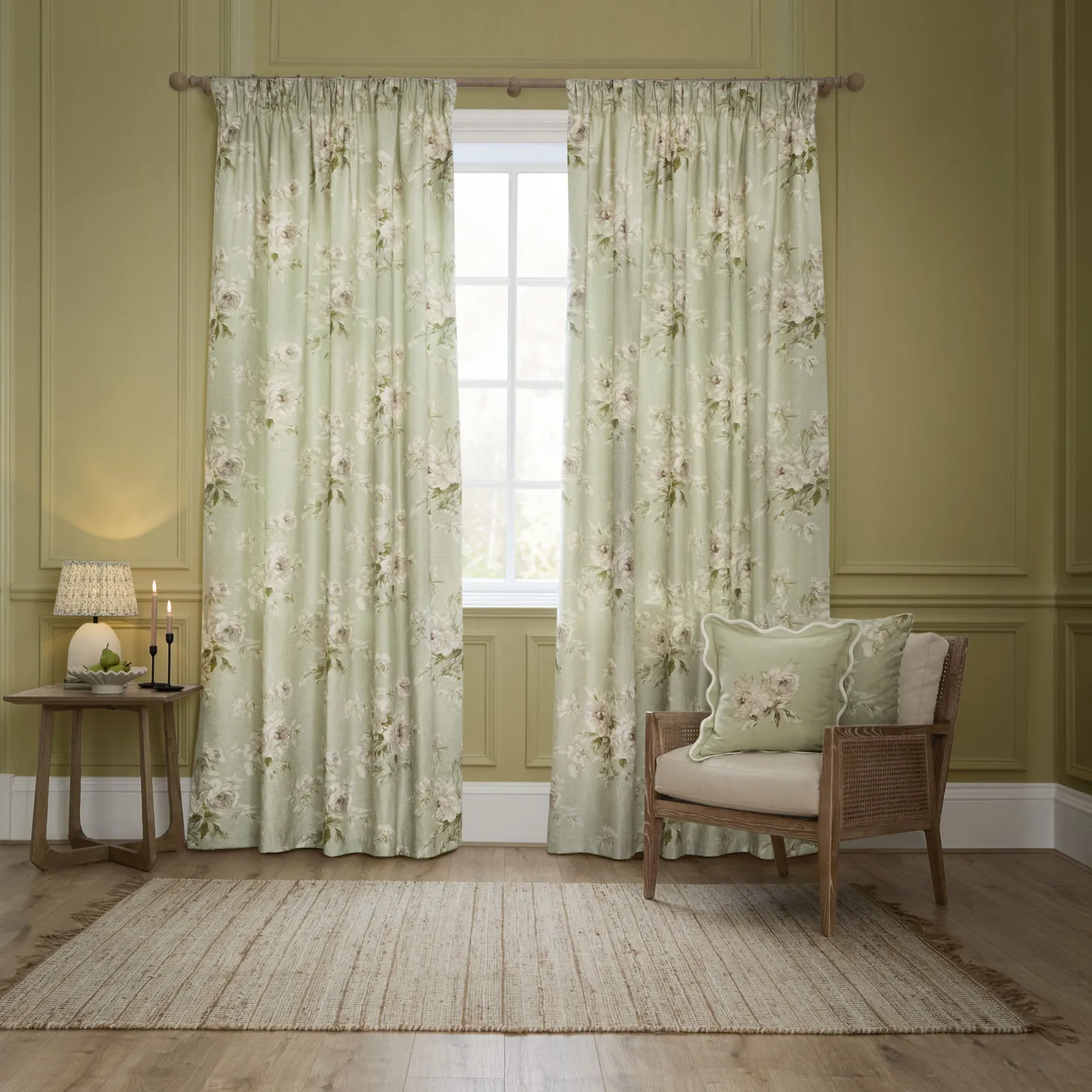 Sanderson Adele Floral Chenille Room Darkening Pencil Pleat Curtains in Light Green 2