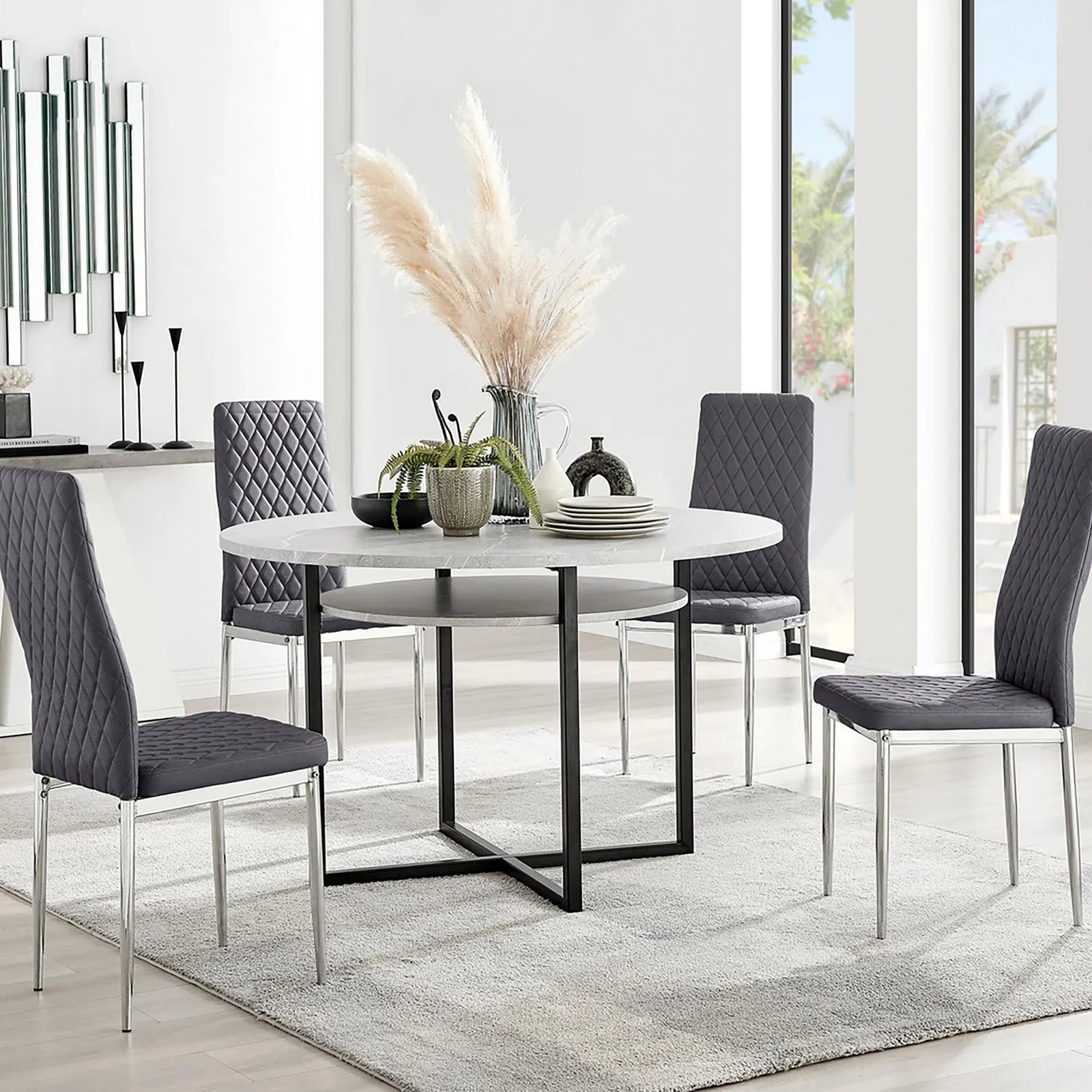 FurnitureboxUK Adley Grey Concrete Effect Round Dining Table & 4 Velvet Milan Chairs