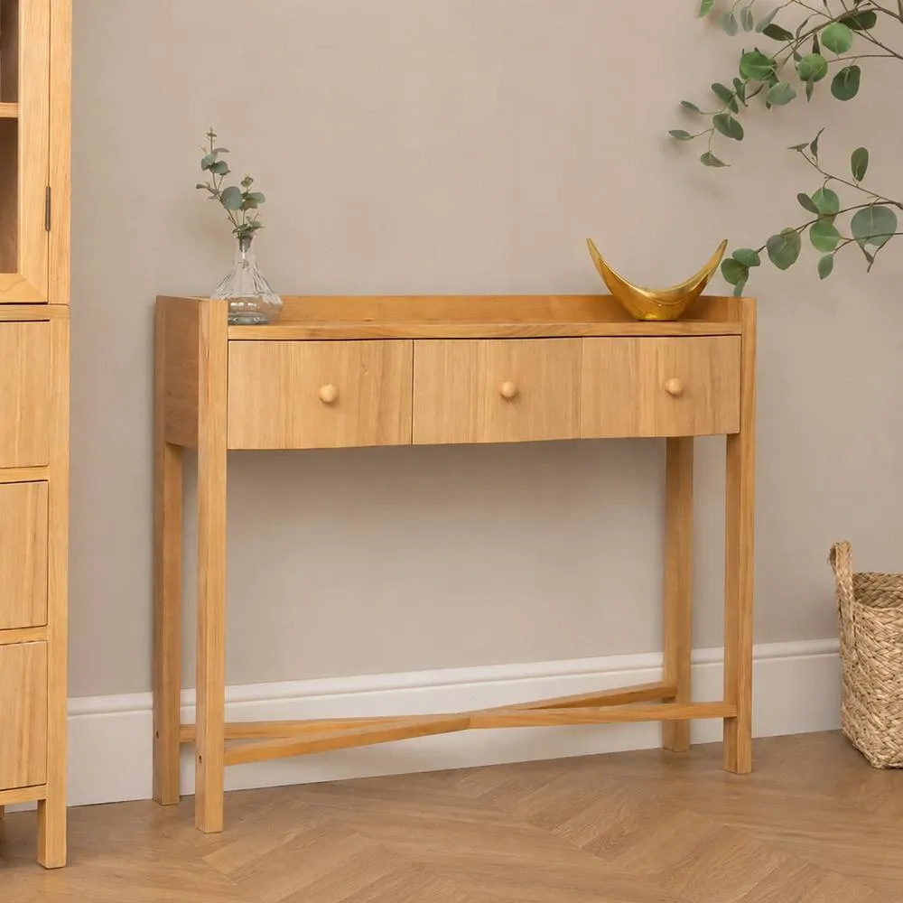 Melody Maison 3 Drawer Console Table With Hessian & Glass Top - Austin Wood Range in Brown