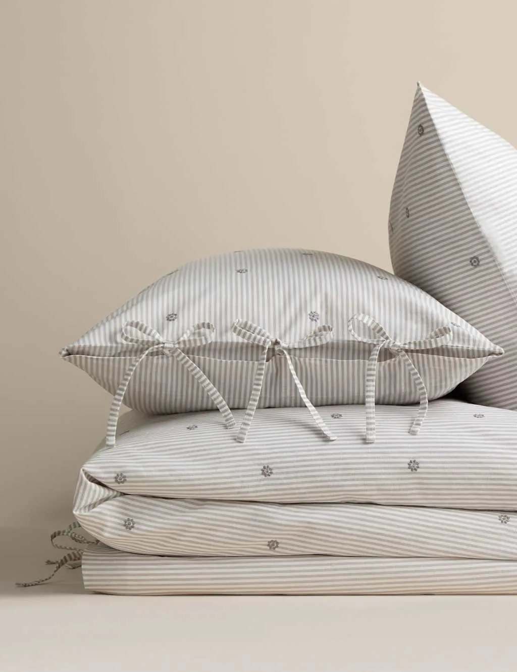 M&S Pure Cotton Striped Embroidered Bedding Set Marble