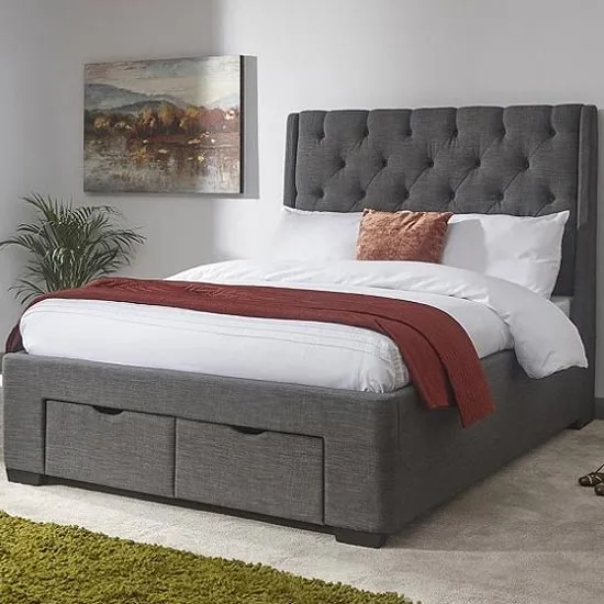 Castel King Size Bed In Grey Hopsack Fabric With 2 Drawers