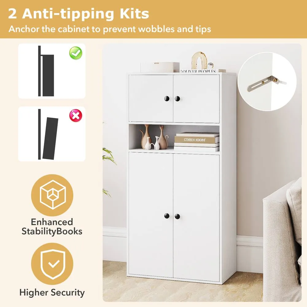 Costway 111 cm Tall Bookcase 4-Tier Modern Storage Organizer with 4 Doors in White 4
