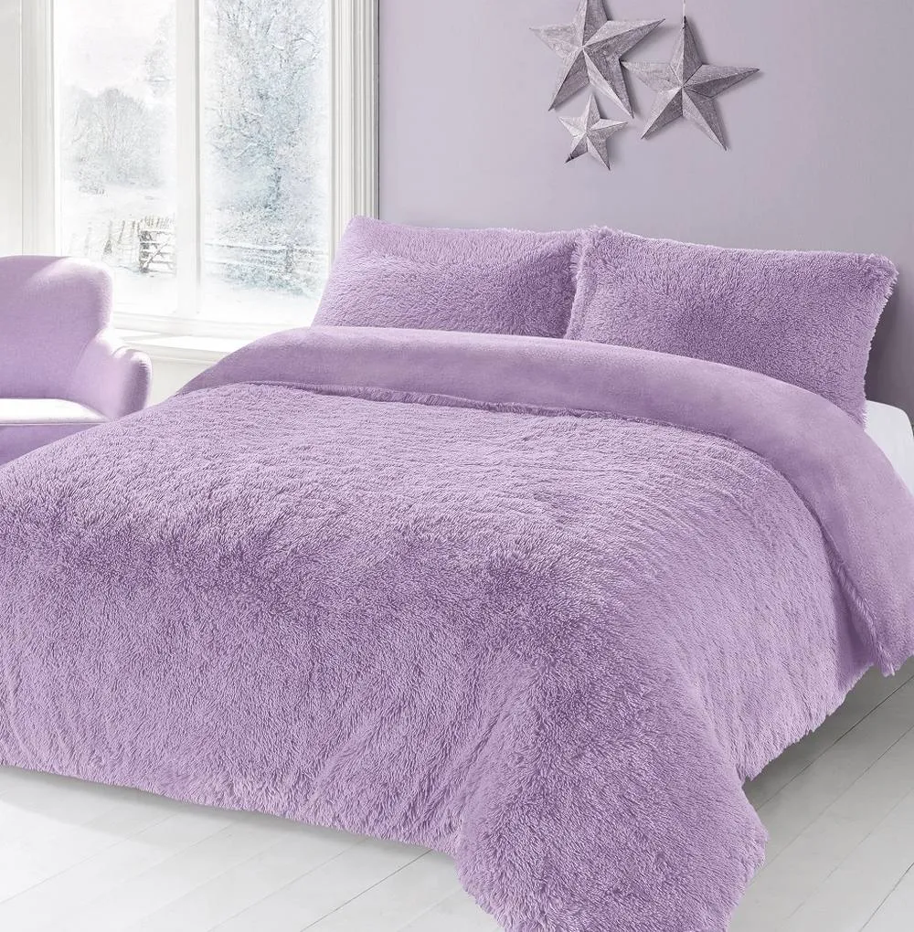 Homes-Linen Alaska Long Fur Teddy Fleece Duvet Cover Set Soft Warm Cosy Bedding in Lilac