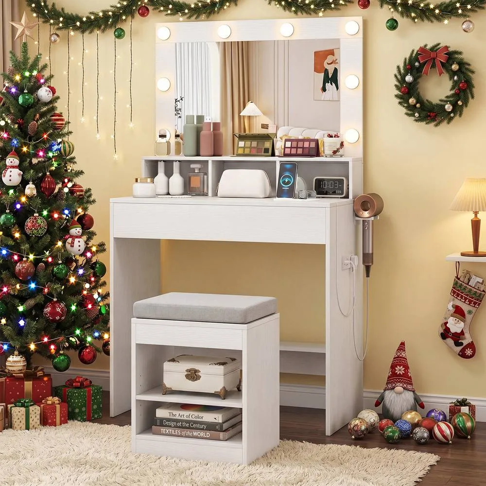 Costway Makeup Vanity Desk Set w/Mirror &Lights Dressing Table w/Stool &Drawer in White 4