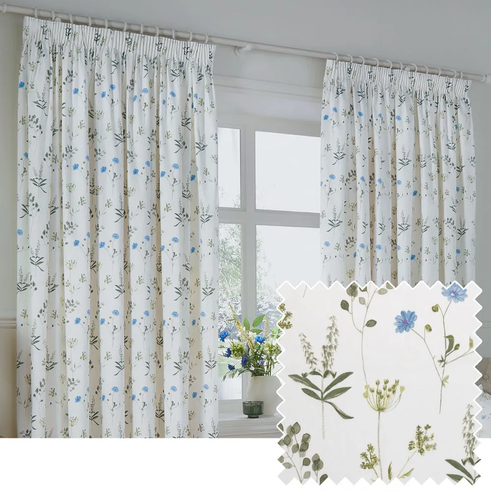 Wylder Meadow 100% Cotton Floral Pencil Pleat Curtain Pair in White 1