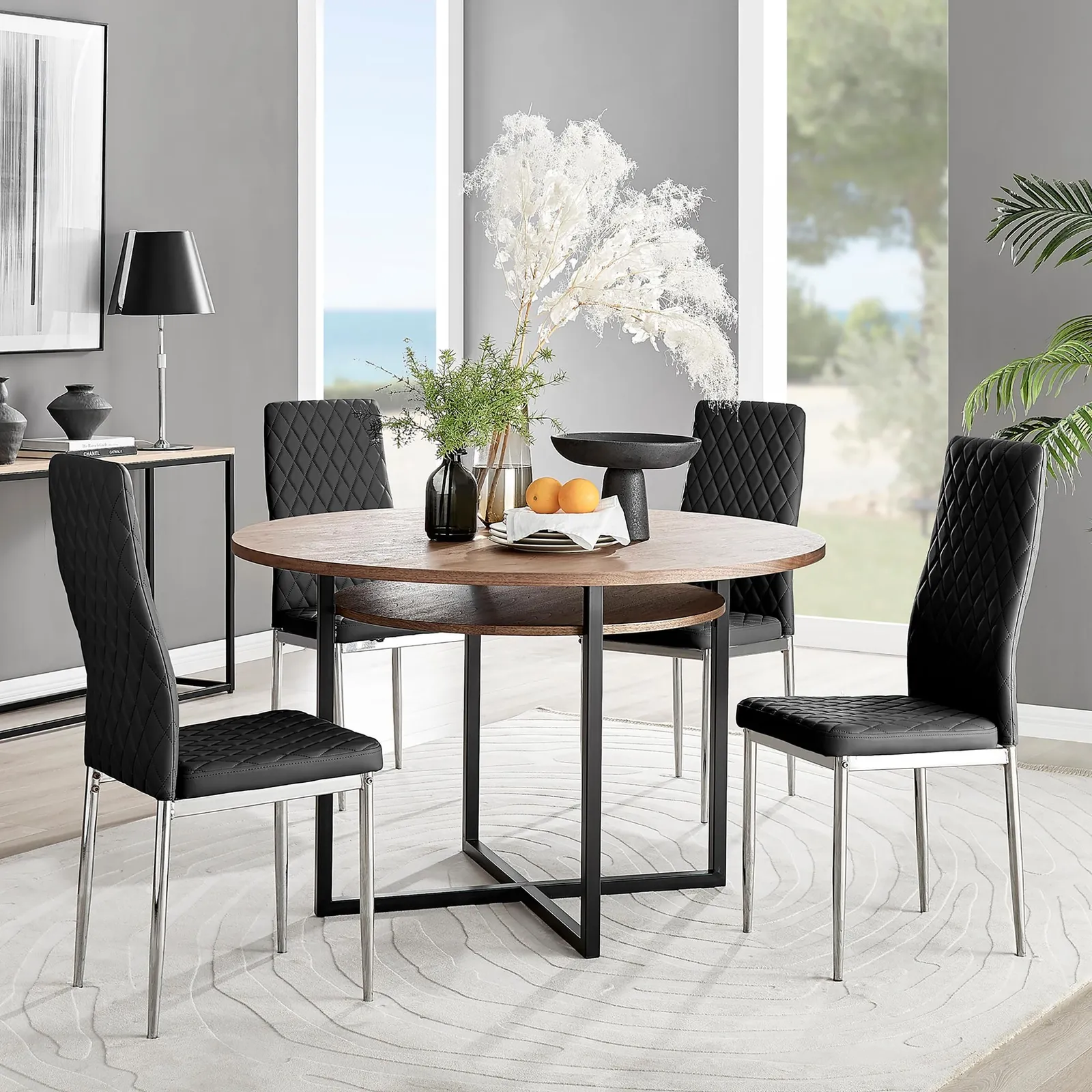 FurnitureboxUK Adley Brown Wood Storage Dining Table & 4 Milan Chrome Leg Chairs in Black 1