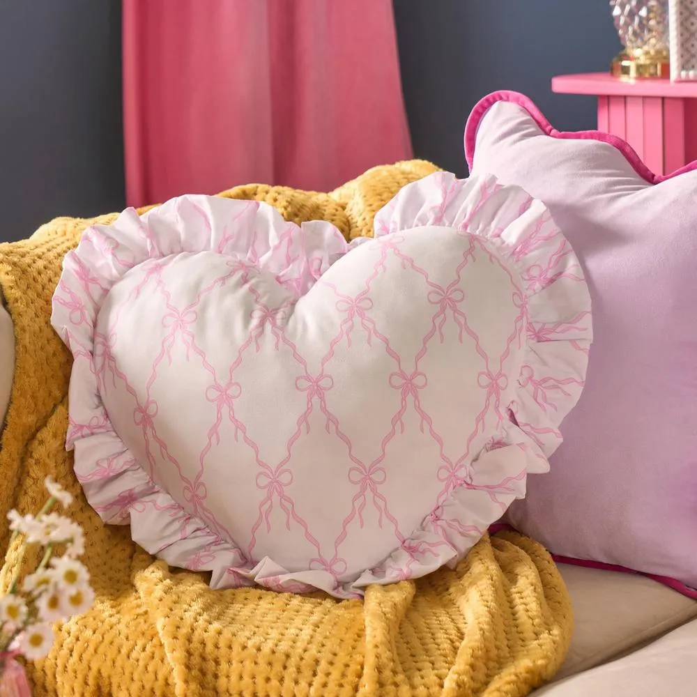 OHS Bow Lattice Frill Heart Shaped Scatter Cushion Throw Pillow