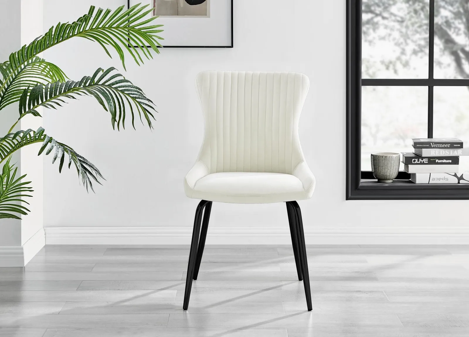 FurnitureboxUK Set of 2 Nora Deep Padded Luxurious Dining Chairs Upholstered In Soft Velvet With Black Legs in Cream 3