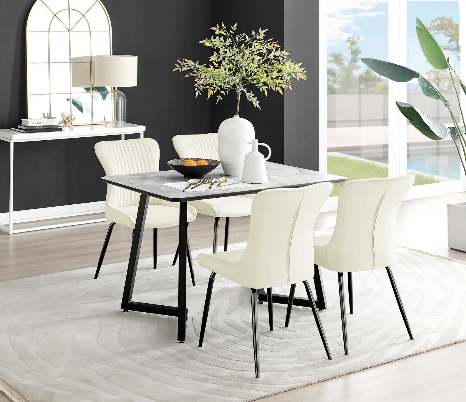 FurnitureboxUK Carson White Marble Effect Dining Table & 4 Nora Black Leg Chairs in Cream