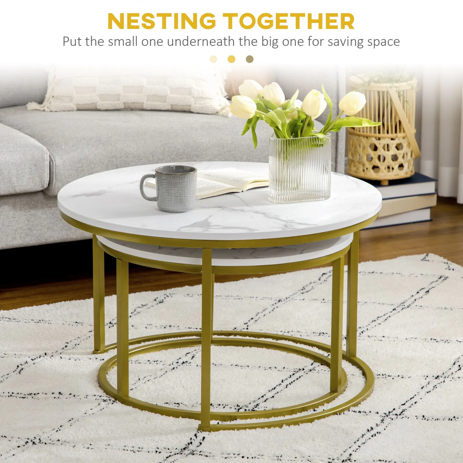 HOMCOM Round Nest of Tables Set of 2 Stacking Coffee Tables in White 4